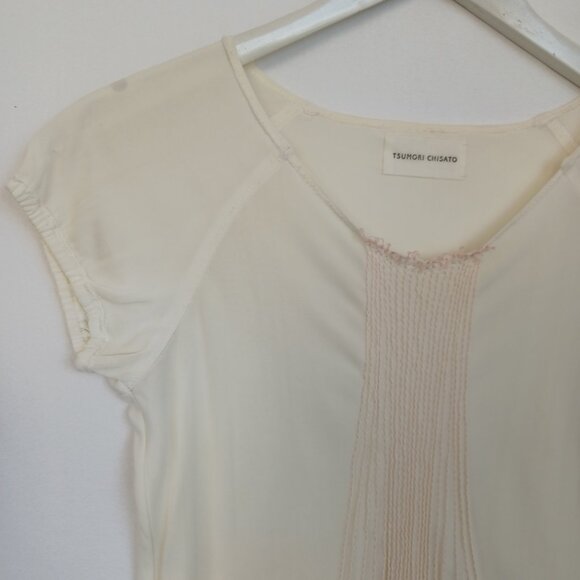 Tsumori Chisato Top Ivory Cream Silky Short Sleeve Designer Blouse Size Small - Picture 5 of 6